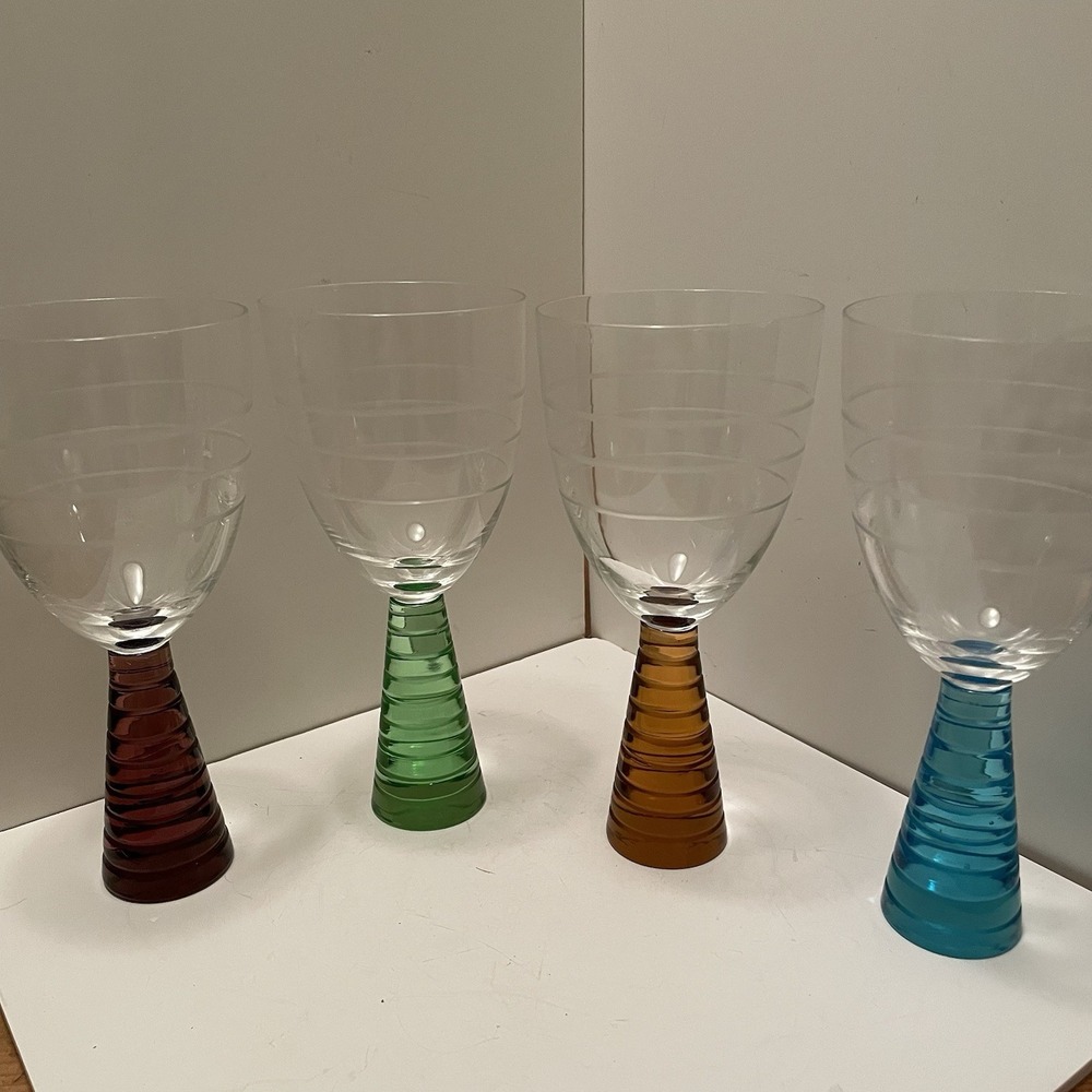 Vintage MCM Ribbed Beehive Stem Wine/Water Goblets Set Of 4 Jewel Tones 7.75"